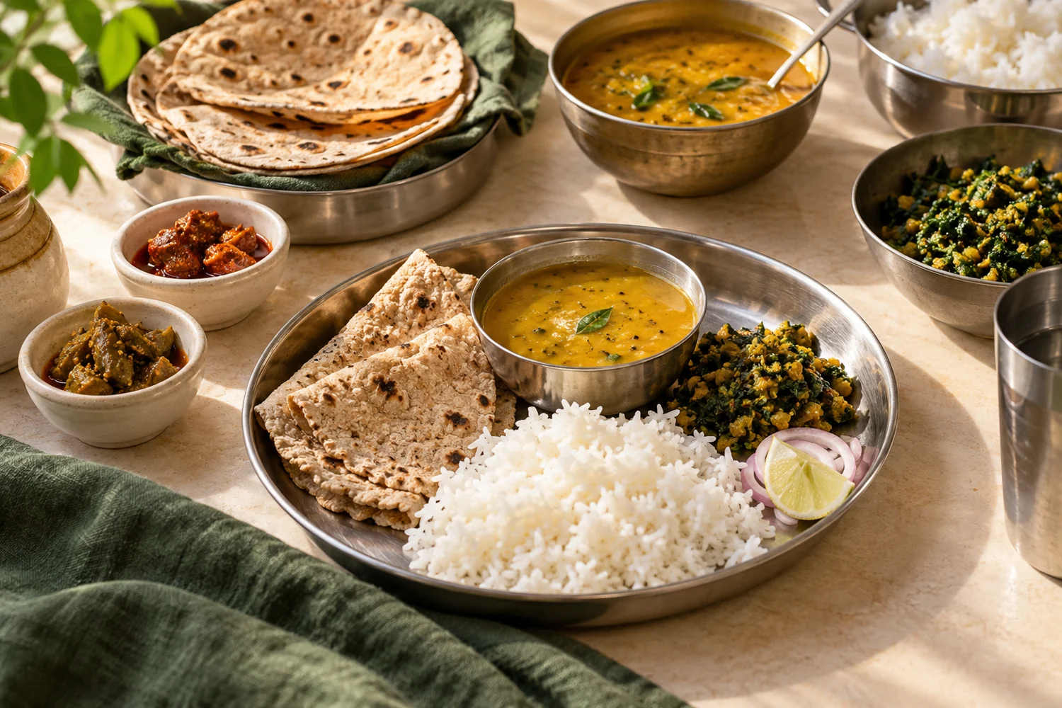 Illustrative home meal with flatbreads, rice, dal and pickle